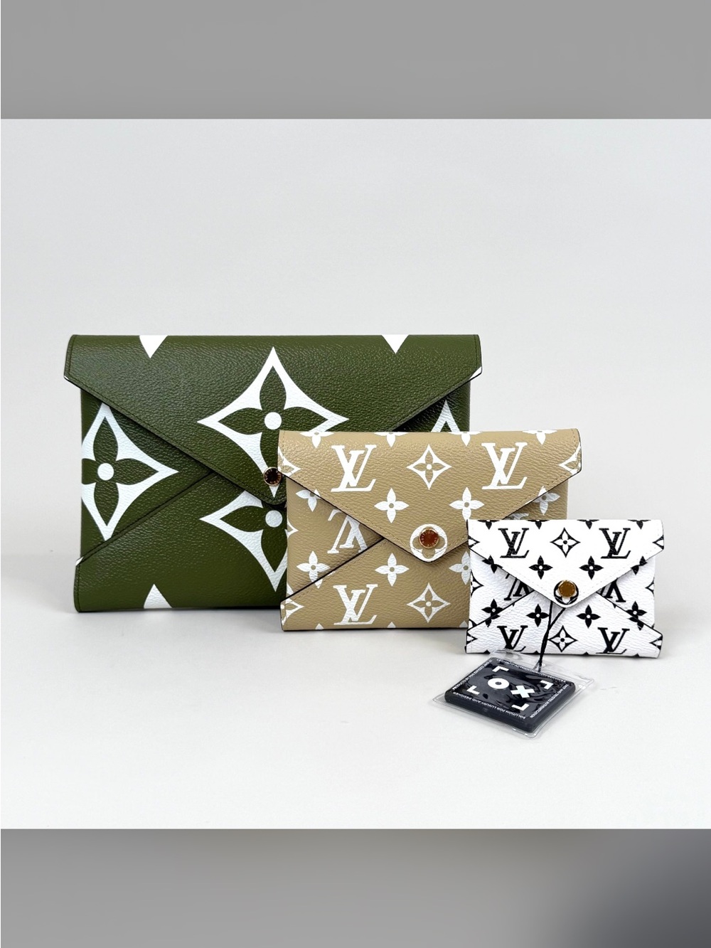 Authentic Louis Vuitton Green, Beige & White Monogram Envelope Clutch Trio COA